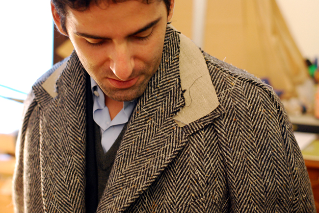 Gianfrancesco in a raglan overcoat being made based on a pattern from his grandfather's time.