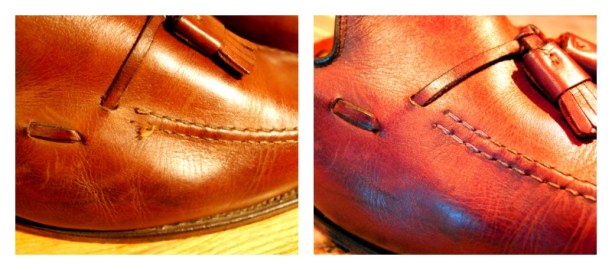 Allen Edmonds tassel loafers before and after repair.